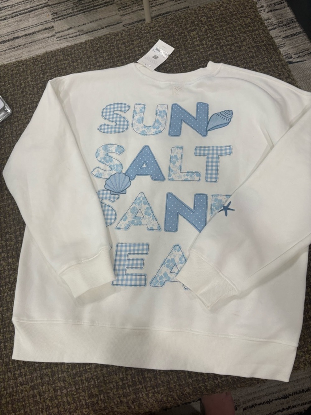 Altar'd State White Crewneck Sweater with Light Blue Seashell Motif - Picture 3 of 3